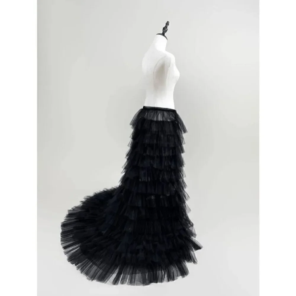🖤 NEW Goth Tier Layered Tulle Mesh Petticoat Train Wrap Hi-Lo Black Open Skirt